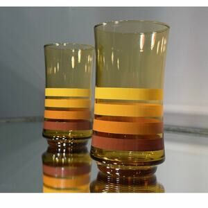 Vintage Libbey Striped Glass Tumblers w/ Gold & Orange Bands